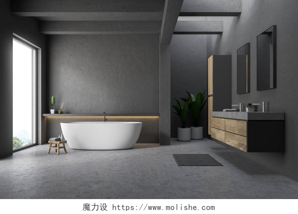 暗色系的浴室现代浴室的内部, 灰色的墙壁和地板, 阁楼窗口, 白色浴缸和大理石双水槽站在木台面上。3d 渲染
